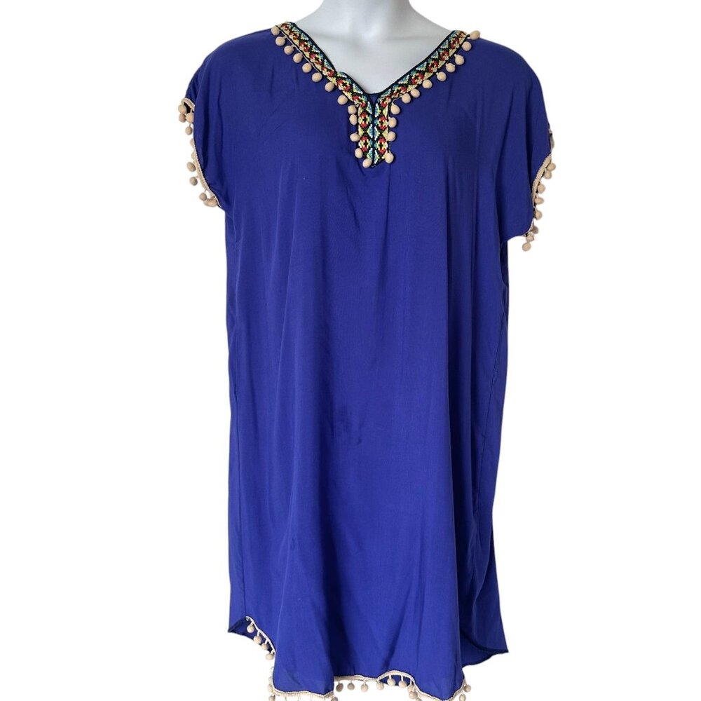 Tunisian Blue Kaftan Tunic Womens V-Neck Short Sleeve Pom Pom Trim Dress M/L